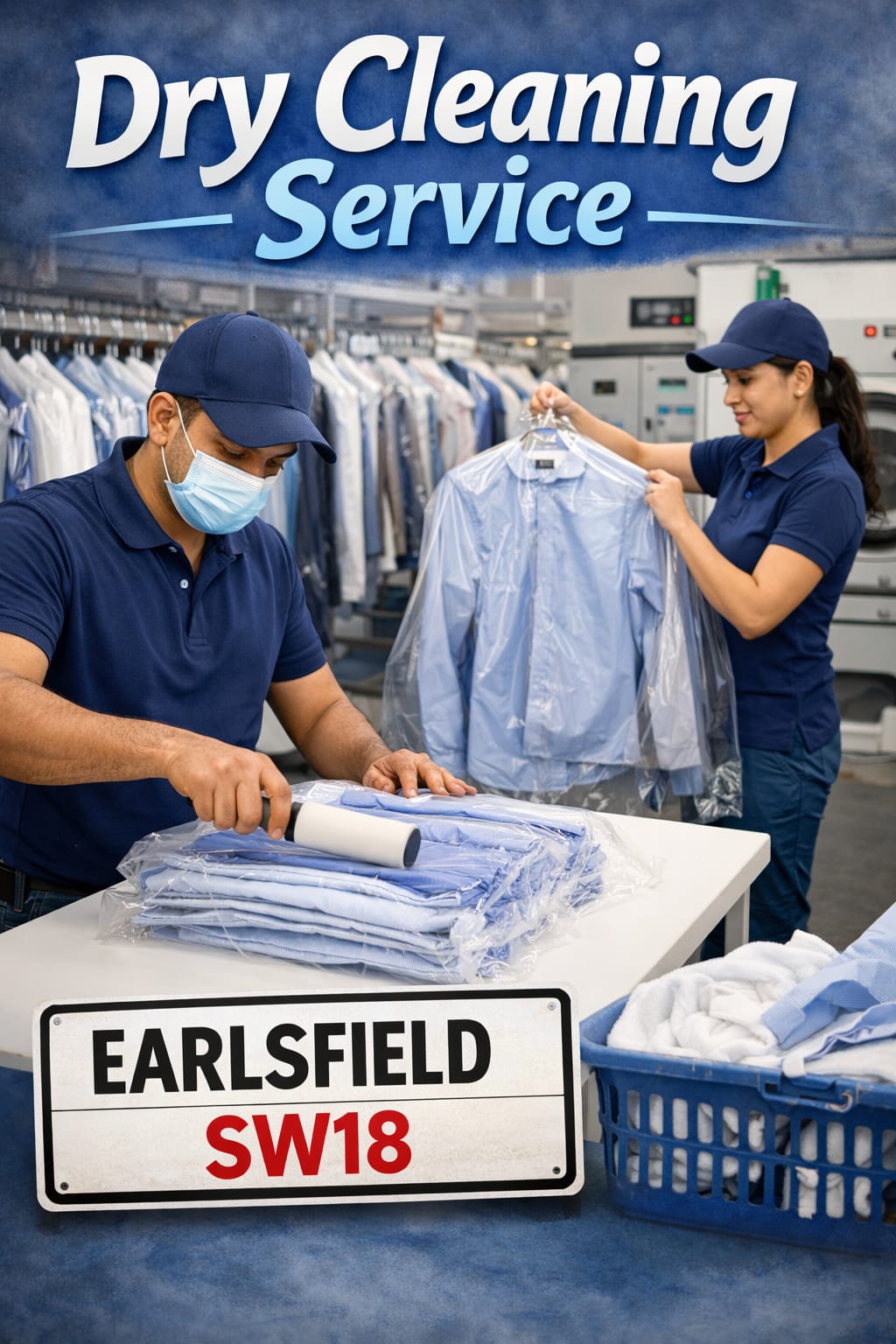 Expert dry cleaning team packaging pressed shirts at The Big Wash facility in Earlsfield SW18, demonstrating professional laundry service.